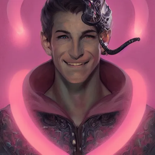 Prompt: portrait of a male tiefling with pink skin wearing a black hood, smiling, D&D, fantasy, intricate, elegant, highly detailed, digital painting, artstation, concept art, smooth, sharp focus, illustration, art by artgerm and greg rutkowski and alphonse mucha
