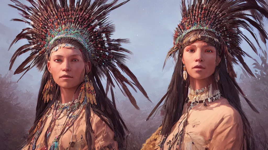 Image similar to highly detailed portrait of a n indigenous woman, feathered headdress, traditional clothing, unreal engine, fantasy art by greg rutkowski, ferdinand knab, makoto shinkai and lois van baarle, ilya kuvshinov, rossdraws, tom bagshaw, global illumination, radiant light, detailed and intricate environment