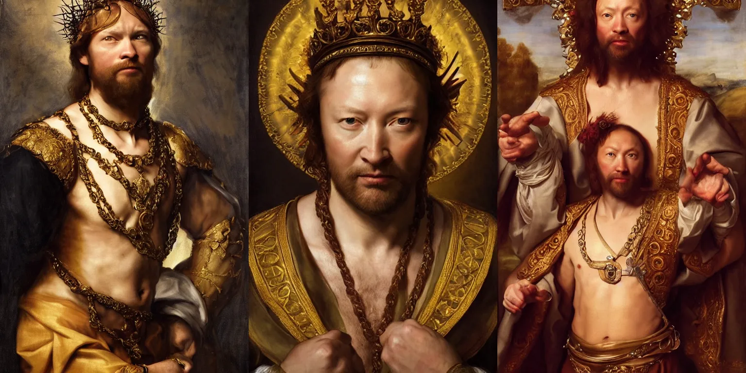 Prompt: Gorgeous full-body renaissance portrait of Caucasian man limmy as a king of fantasy kingdom with Crown of thorns on his head, front view, gold, artstation, very beautiful, luxurious, impressive, soft light, dazzling, divine, elegant, by Anthony van Dyck and Daniel Gerhartz