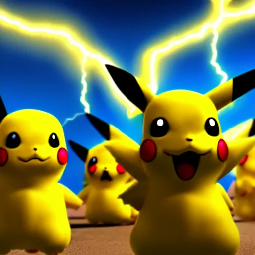 Image similar to three - headed pikachu, realistic, pokemon, hyper realistic, lightning bolts, cinematic lighting