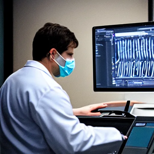 Prompt: radiologist looking at computer screen while surgeons impatiently wait for his opinion