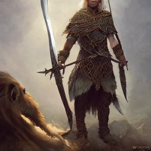 Prompt: a beautiful ultradetailed portrait of a elven elite warrior! beautiful large battle axe in his hand, with a lion pelt on his back, by greg rutkowski, karol bak and peter mohrbacher, volumetric lighting, magical realism, dark, elf,