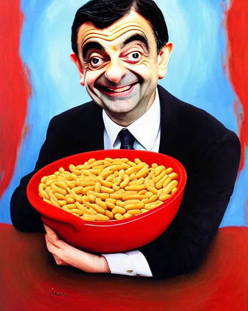 Prompt: portrait of mr bean smiling in a bowl full of baked beans, face covered in beans and tomato sauce, rowan atkinson, mr bean face, oil painting, highly detailed