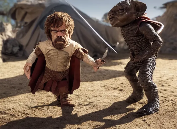 Prompt: peter dinklage knife fighting e. t. the extra - terrestrial, movie still, from the new toys r us movie, 8 k, realistic