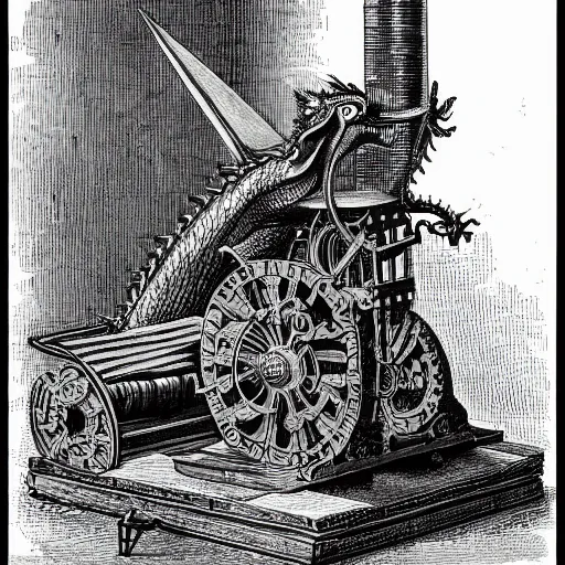 Image similar to a dragon with victorian machine on it's side, book illustration