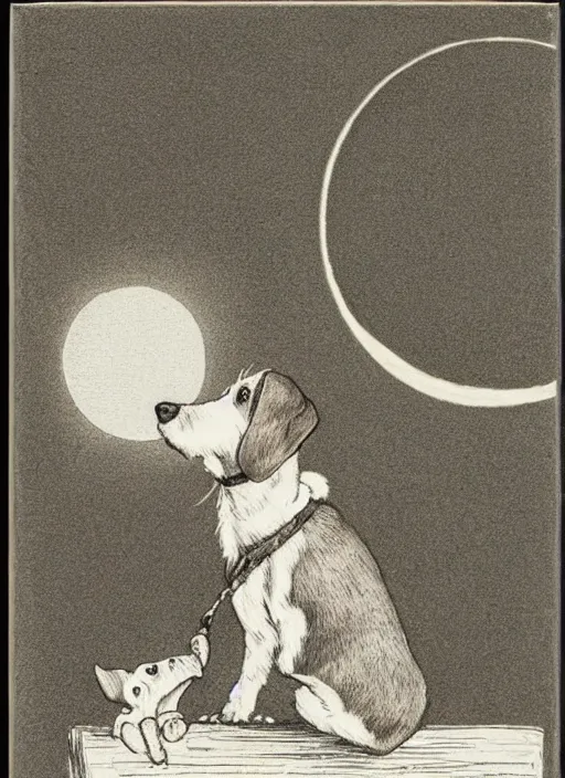 Prompt: candid portrait of jack russel dog looking up barking at the moon, from behind, night sky, highly detailed, illustrated by peggy fortnum and beatrix potter and sir john tenniel