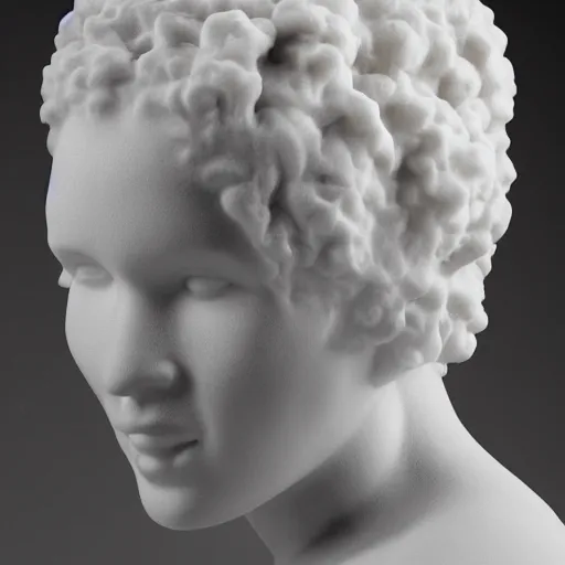 Image similar to a photorealistic all white marble sculpture of a black girl with a white afro