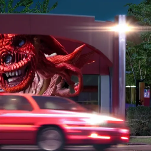 Image similar to A Demogorgon working at the drive-thru of a McDonald\'s, cinematic, 8k, hyper realistic