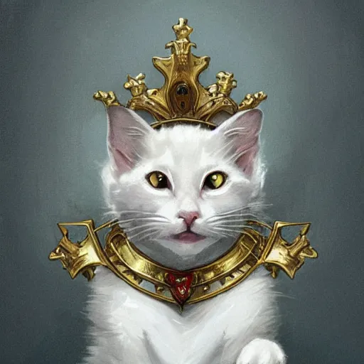 Image similar to A cute heraldic white kitty cat queen posing with one paw pointing slightly up, D&D, fantasy, intricate, cinematic lighting, highly detailed, digital painting, artstation, concept art, smooth, sharp focus, illustration, art by Akihiko Yoshida, Greg Rutkowski and Alphonse Mucha