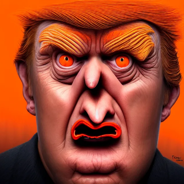 Image similar to gediminas pranckevicius | close up portrait of a evil trump with orange hair in the sinister valley of despair, one mouth, one nose, two eyes, oil painting by tomasz jedruszek, cinematic lighting, pen and ink, intricate line, hd, 4 k, million of likes, trending on artstation