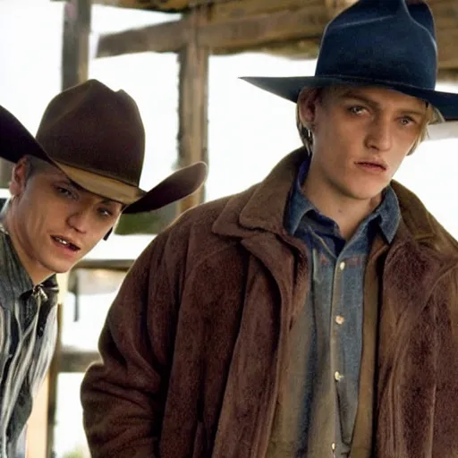 Prompt: Jamie Campbell Bower and Joseph Quinn in Brokeback Mountain (2005)