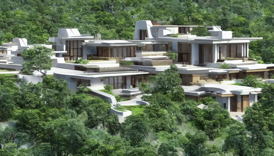 Image similar to residential villa inspired by tibetan architecture, on city, overlooking a valley with trees, frank lloyd wright, zaha hadid, le corbeusier, photorealistic, birds eye view