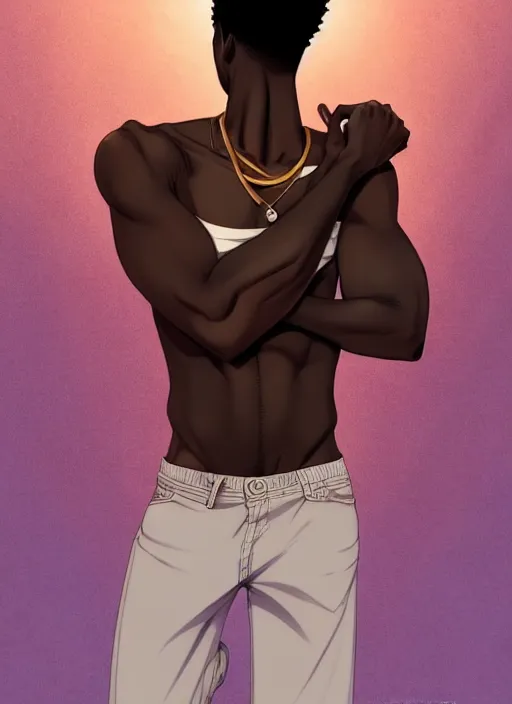 Image similar to handsome hip hop young black man, no hands, model pose, sad, anime style, scenery wallpaper aesthetic, pastel colors, symmetrical face, cinematic, dramatic, super detailed and intricate, hyper realistic, 4 k render, by artgerm, by kyoung hwan kim, by ralph mcquarrie, by yoshiyuki tomino