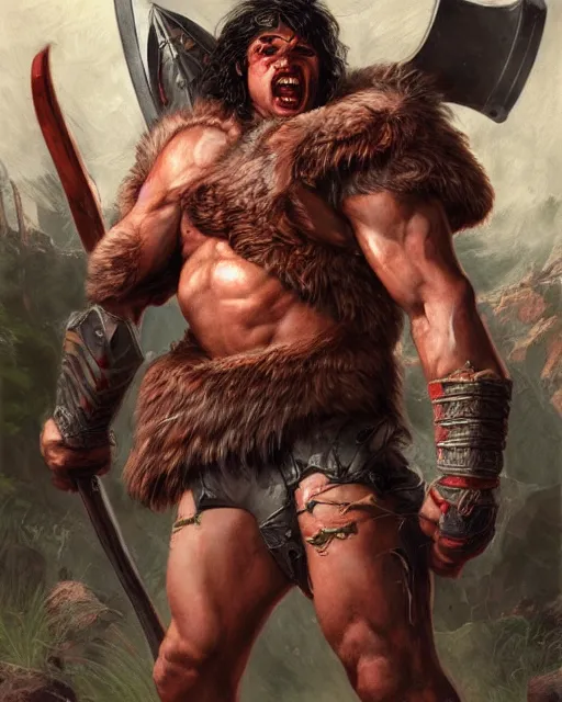 Prompt: a portrait of strong and handsome young barbarian, screaming, ready to fight, by Ross Tran and Thomas Cole and Wayne Barlowe