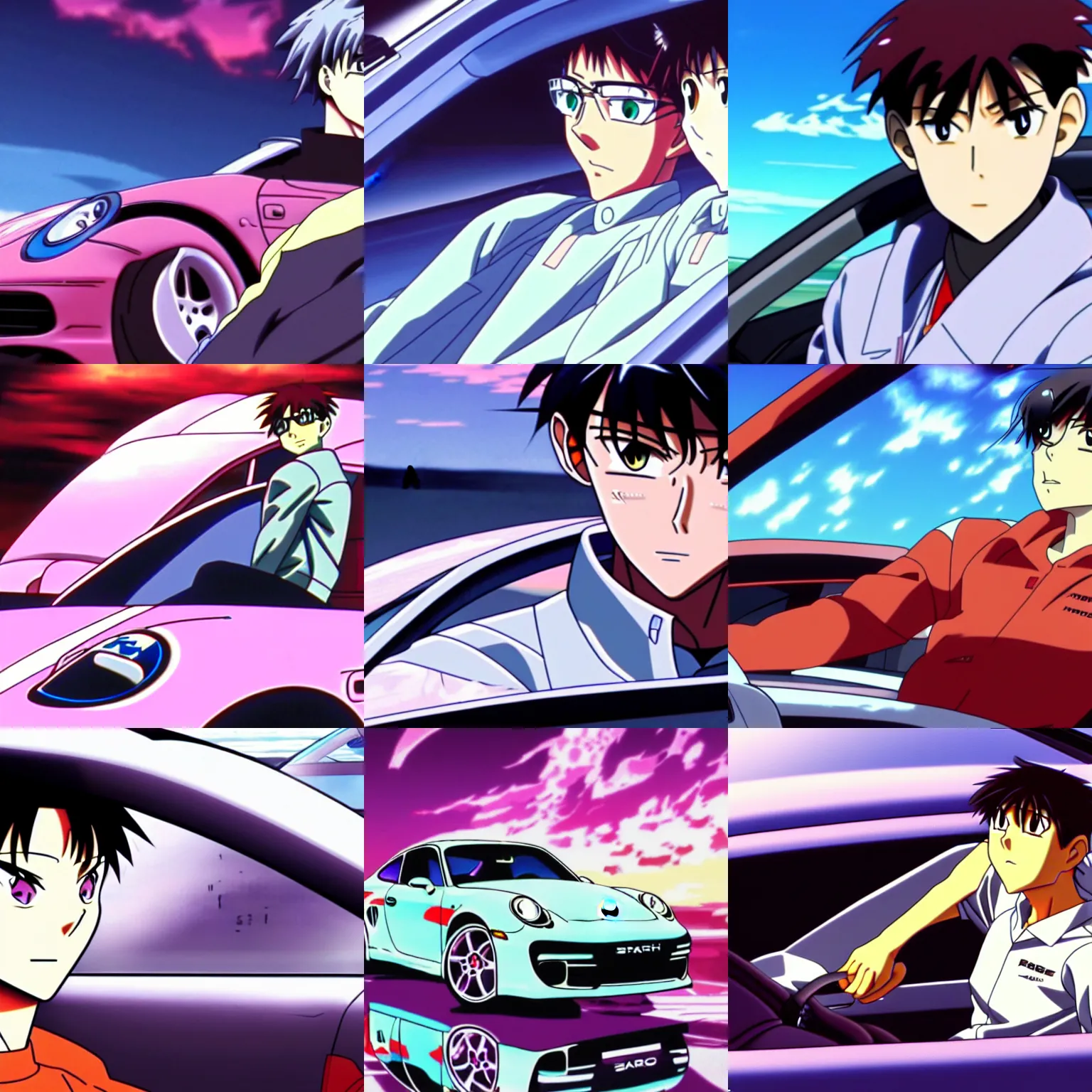 Prompt: ikari shinji inside a porsche car, full hd, 4 k anime wallaper, evangelion anime