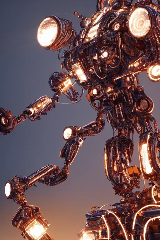 Image similar to an extremely intricately hyper detailed robot lots of cables and lights and connections, highly detailed perfect render, realism. concept art. unreal engine 5, f / 1. 8, v - ray, ultra hd, 8 k, atmospheric beautiful background and beautiful lighting. iron forge background lots of sparks and fire. god rays, volumetric lighting. hyper realism.