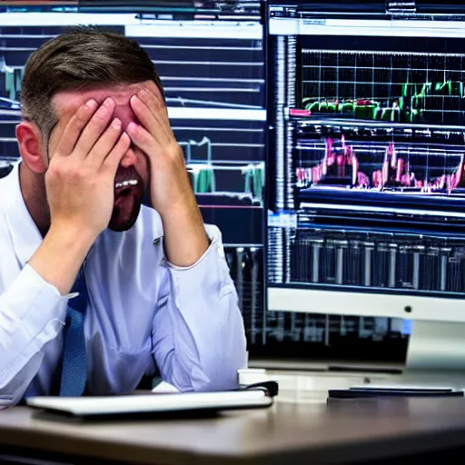 Prompt: a day trader crying in front of a computer