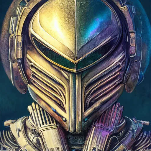 Image similar to dan mumford tom bagshaw, rainbow lighting world giger curiosities carnival stars, photorealistic medium shot octane render of a single very beautiful thicc female helmet face full long cyberpunk metallic armored ornate, accurate features, focus, very intricate ultrafine details, award winning masterpiece