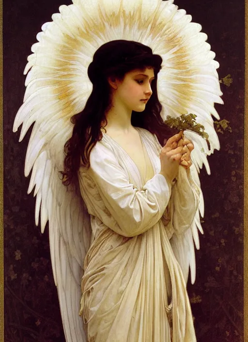 Image similar to painting of a beautifully robed angel with huge white feather wings, intricate, elegant, hyperdetailed, by alphonse mucha and william - adolphe bouguereau and john william waterhouse