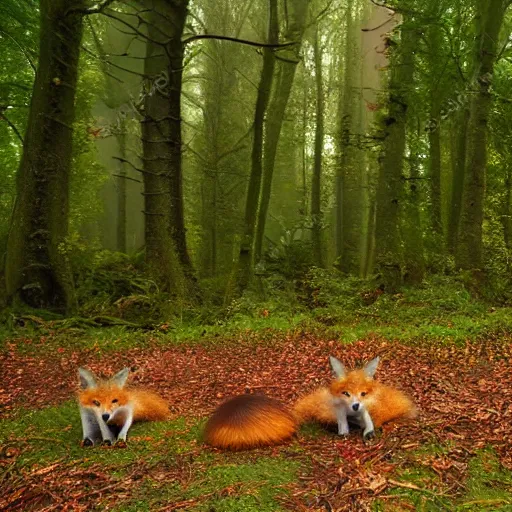 Image similar to magical forest covered with fly agaric, there is a fox with two cubs, light magical fog