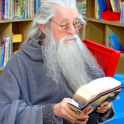 Image similar to gandalf reading books at kindergarden