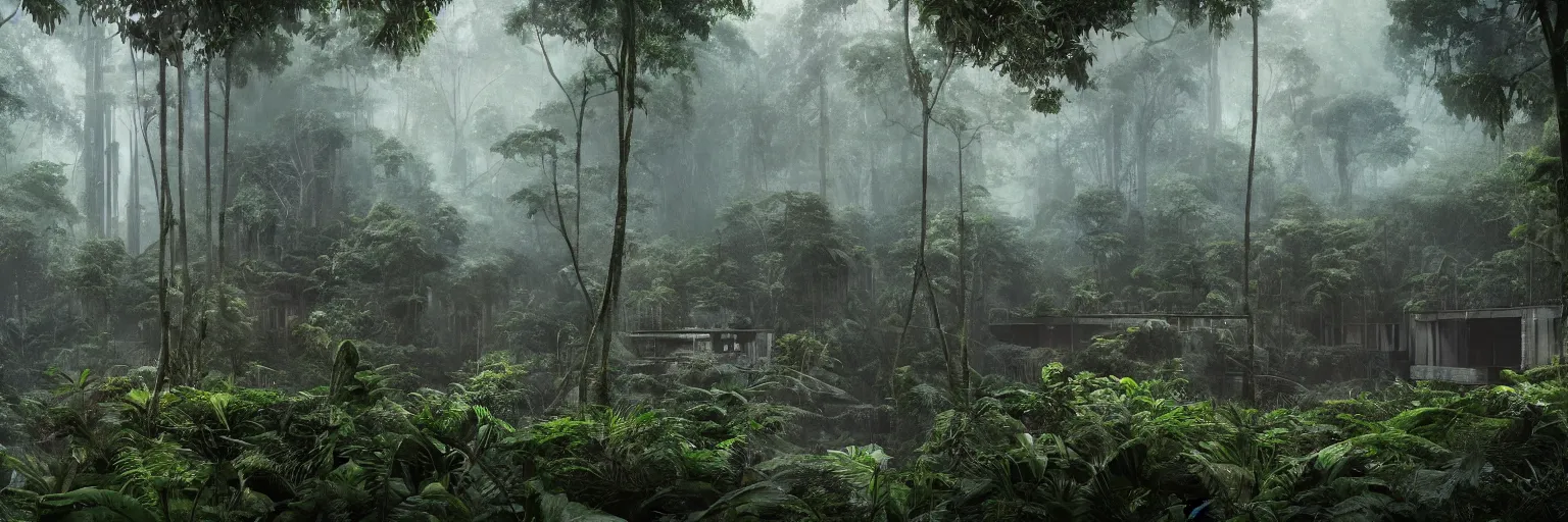 Prompt: brutalist architecture deep in the rainforest. nature is taking over. matte painting in the style of craig mullins. mist. cinematic. octane render.