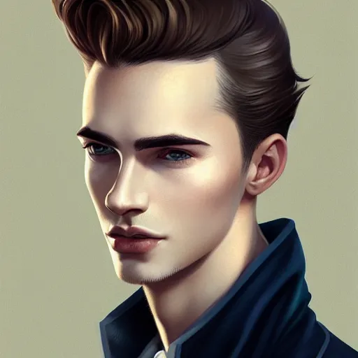 Image similar to tall man in his twenties with brown blond short quiff hair and round facial structure with cleft chin, straight eyebrows, slightly smiling, cheekbones, wider face, shadow of beard, atmospheric lighting, painted, intricate, 4 k, highly detailed by charlie bowater