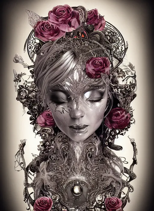 Prompt: blonde girl in a cosmic dress, full-body tattoos, ornate, rococo, grotesque, zbrush art, majestic, organics, silver filigree, colorful, dark fantasy, celtic knot, anatomical, HR, giger style, moebius, frank frazetta, ornate, art nouveau, symmetrical, turquoise jewelry, red smoke, roses, unbiased render, rotten, Emil melmoth, eerie, macabre, haunting,detailed and intricate, floral, faded pink, hypermaximalist, elegant, vintage, hyper realistic, super detailed, pastel colors, 8K, octane render, 8k,