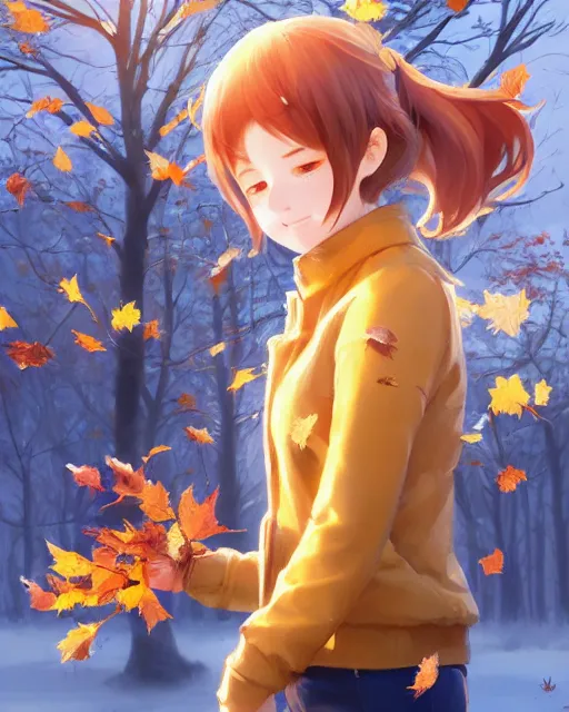 Image similar to a girl raking leaves on a cold autumn's day, full shot, atmospheric lighting, detailed face, by makoto shinkai, stanley artgerm lau, wlop, rossdraws