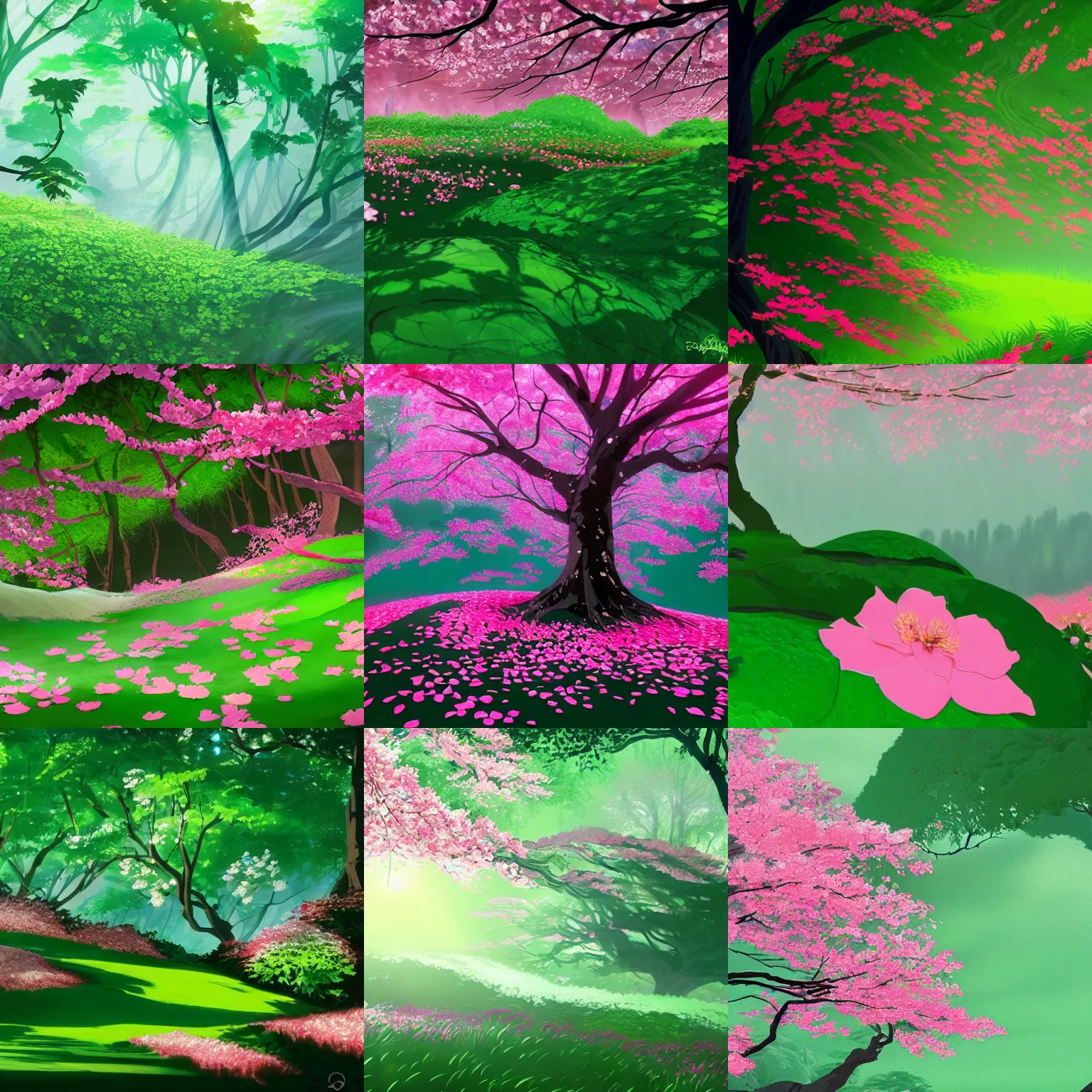 Prompt: closeup a swirl of rose petals and sakura flowers and green leaves, in gentle green dawn light, air and forest background, eyvind earle, studio ghibli painting, cinematic lighting, volumetric lighting, smooth, sharp focus, highly detailed, render in unreal engine 5, artstation, deviantart, behance, trending, epic composition, octane, light rays, award - winning