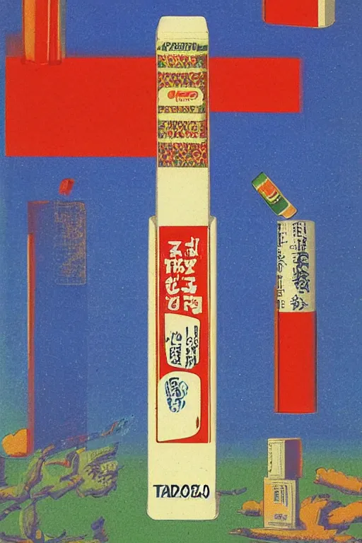 Prompt: design for a vintage cigarette pack by tadanori yokoo