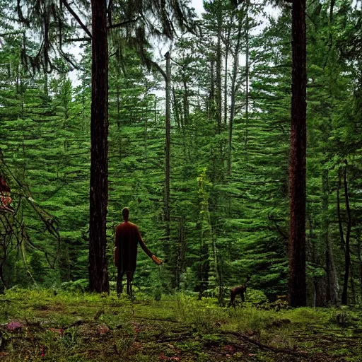 Image similar to beautiful Appalachian forest with a wendigo looming in the background