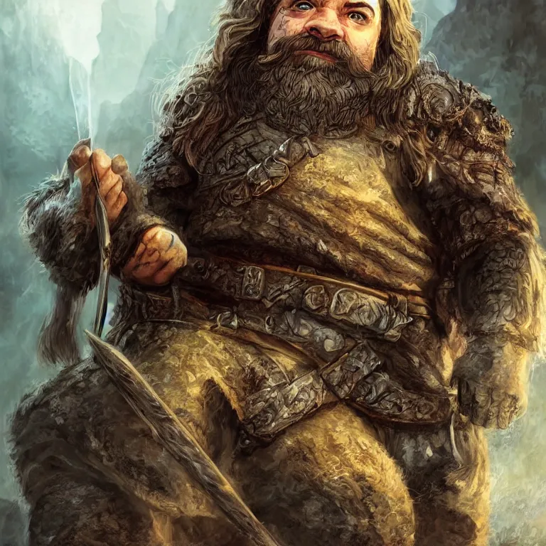 Image similar to cute dwarf warrior in mountain, lord of the rings style, fantasy, poster, character portrait, portrait, close up, concept art, intricate details, highly detailed, full body, 8 k, detailed face, body