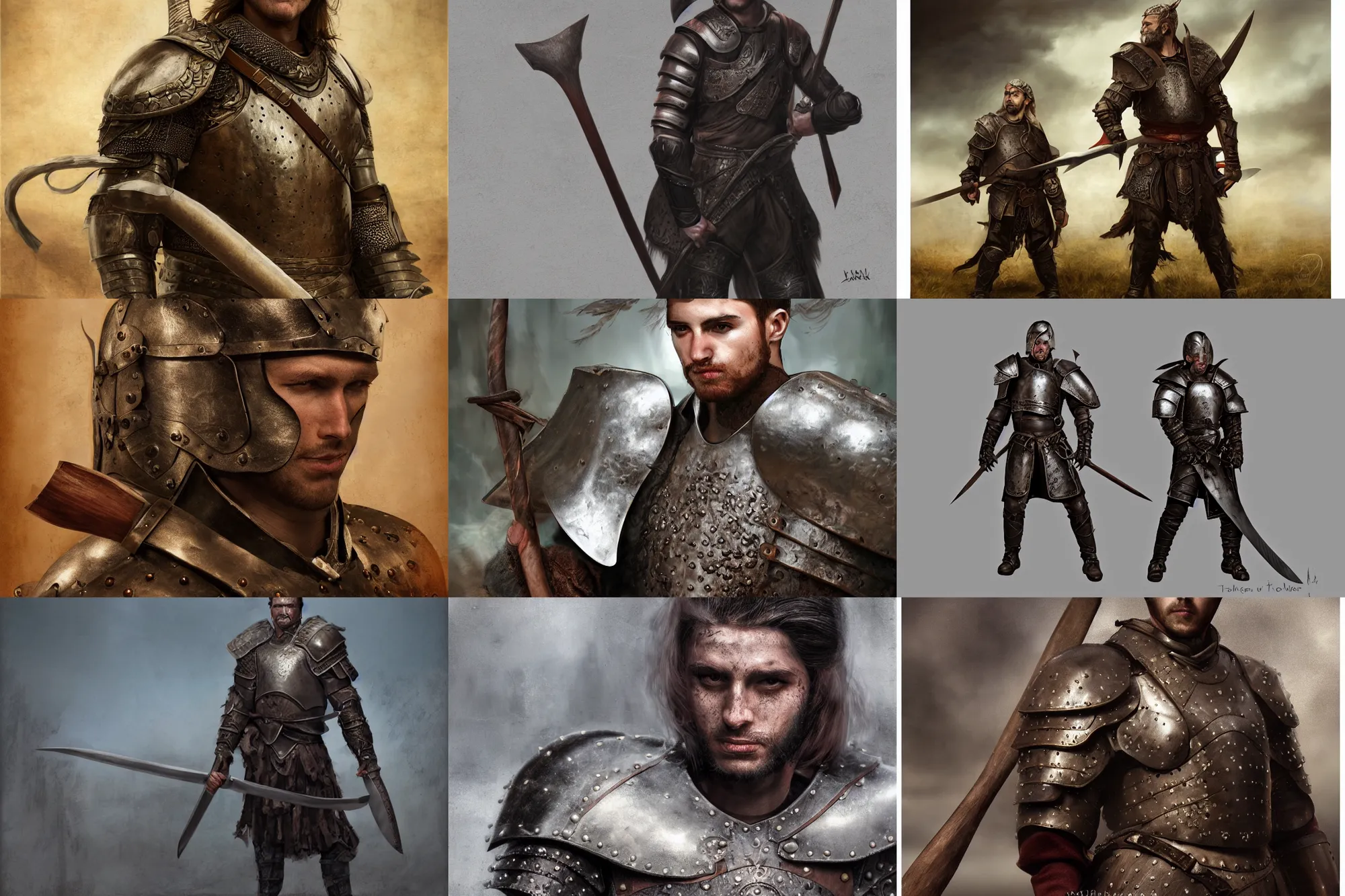 Prompt: Portrait of a male warrior, leather armor, axe, matte painting