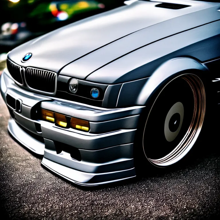 Image similar to close-up-photo BMW E36 widebody illegal JDM meet, Saitama prefecture, misty night, cinematic color, photorealistic, high detailed wheels, highly detailed bodywork,