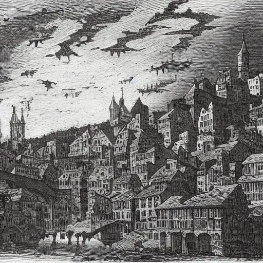 Image similar to medieval town floating in the sky, gustave dore engraving