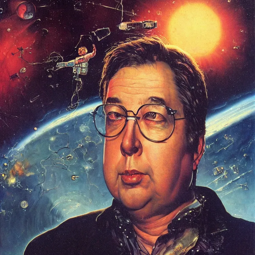 Prompt: a dark close - up portrait of retrofuturistic bill hicks in space. reflective detailed textures. soft gloomy dark background. highly detailed fantasy science fiction painting by moebius, norman rockwell, frank frazetta, and syd mead. rich colors, high contrast. artstation