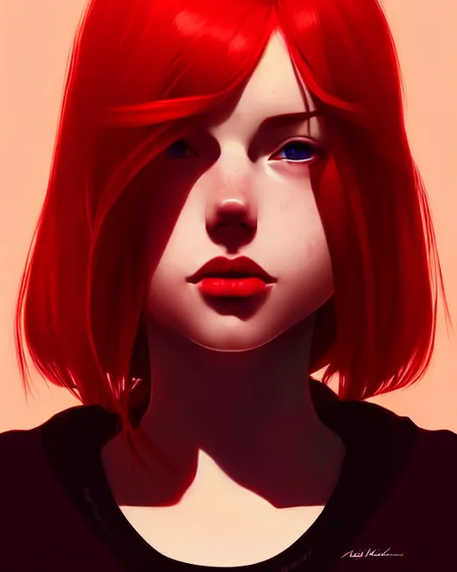 Image similar to a detailed portrait of a pretty woman with red hair and freckles by ilya kuvshinov, digital art, dramatic lighting, dramatic angle