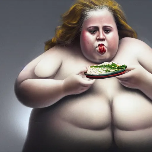 Image similar to a morbidly obese woman eating food with belly out, highly detailed, epic lighting, hyper photorealism, 8 k