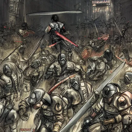 Image similar to one hero with sword looking at army of swordsmen in the background, in the middle of an arena, crowd of people, pencil art, straight, clear, added detail, high definiton, colored, backfacing, by yoji shinkawa