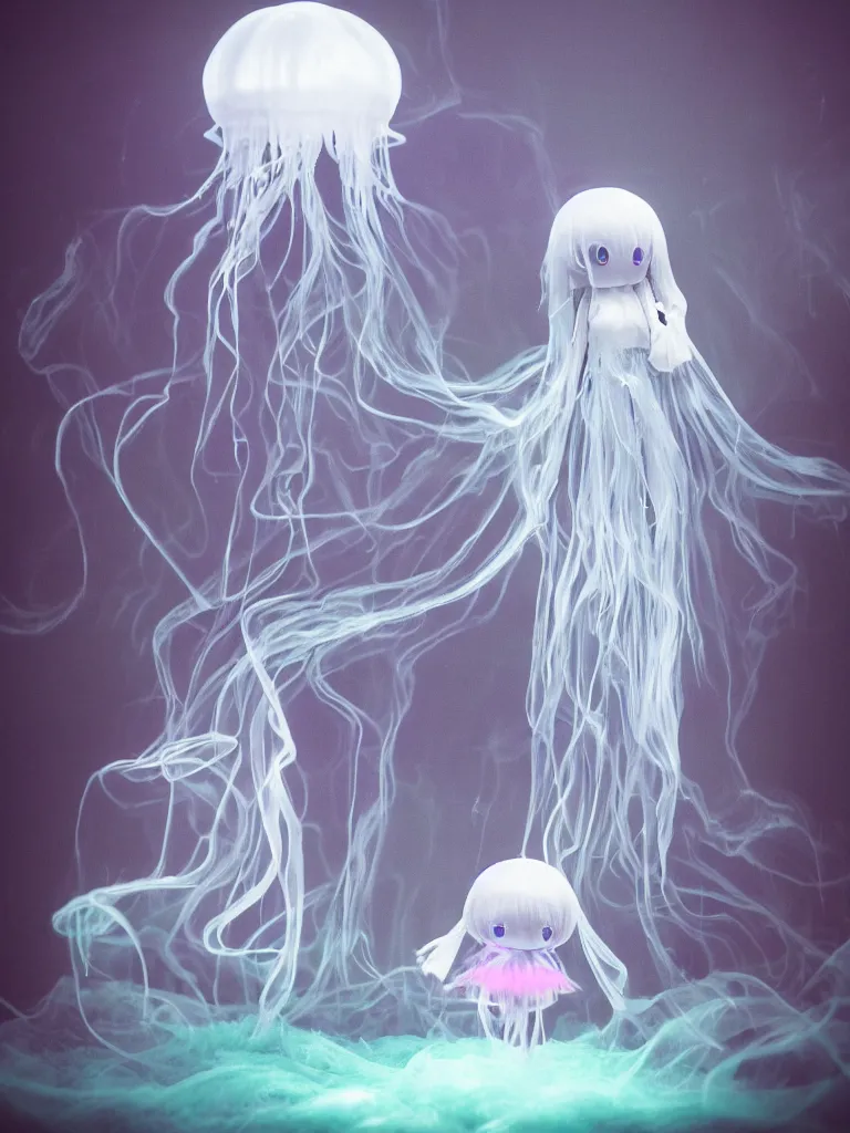 Image similar to cute fumo plush smiling ectoplasmic gothic jellyfish ghost girl dancing over mysterious waters, anime, reflective moonlit river in the midst of a forgotten forest, glowing pink wisps of hazy green smoke and eerie blue volumetric fog swirling, glowing lens flare, black and white, refraction, vray