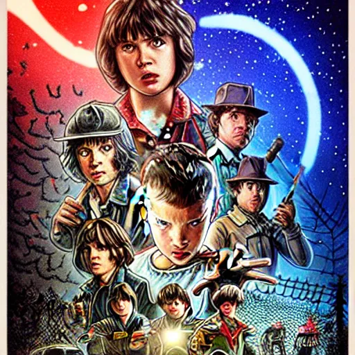 Prompt: Stranger Things by Drew Struzan, artstation, 80's American sci-fi poster The Goonies (1985) style, detaild faces, 8K