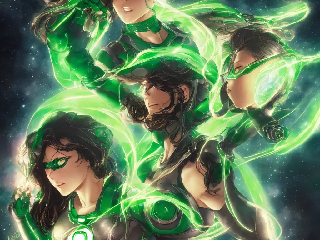 Image similar to anime key visual of one beautiful female green lantern, dc comics, power, hope, glowing, intricate, in space, stunning, highly detailed, digital painting, artstation, smooth, hard focus, illustration, art by artgerm and greg rutkowski and alphonse mucha