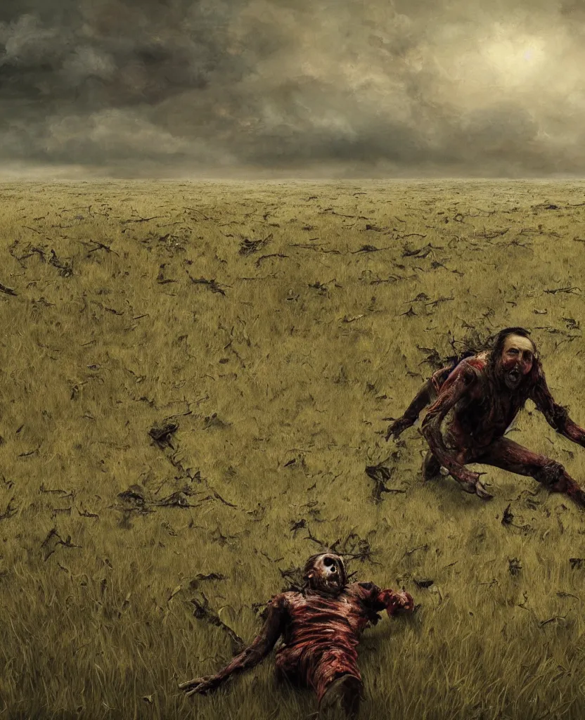 Image similar to endless field stretching to the horizon made from rotten bloody corpses of Nicolas Cage, body horror, flesh, blood, grotesque hell, highly detailed, vivid colors, dark shadows, contrast, concept art, sharp focus, digital art, Hyper-realistic, 4K, Unreal Engine, Highly Detailed, Dramatic Lighting, Beautiful, by Brom, bastien lecouffe-deharme