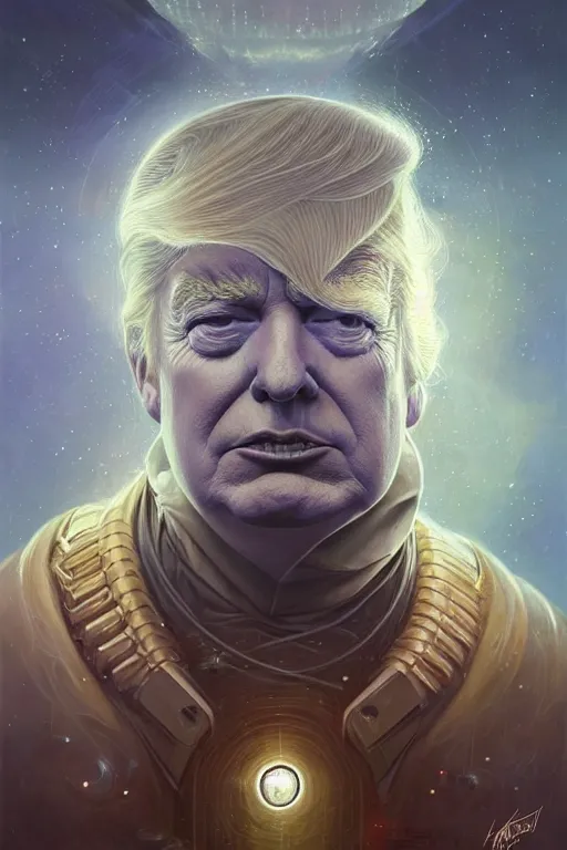 Image similar to a portrait of intergalactic donald trump, grim - lighting, high - contrast, intricate, elegant, highly detailed, centered, digital painting, artstation, concept art, smooth, sharp focus, illustration, artgerm, tomasz alen kopera, peter mohrbacher, donato giancola, joseph christian leyendecker, wlop, boris vallejo