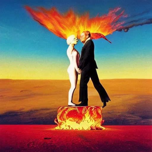 Prompt: a man on fire and a girl on ice, pink floyd album cover, 1 9 7 0's, by storm elvin thorgerson, moebius, craig mullins, colorful flat surreal design, hd, 8 k, artstation