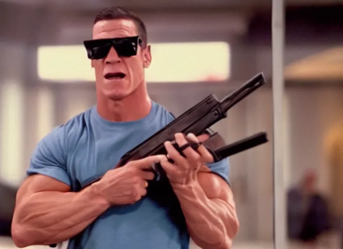 Prompt: film still of John Cena as Nada wearing wayfarer sunglasses and holding a shotgun with a bandolier in Bank scene in They Live 1988