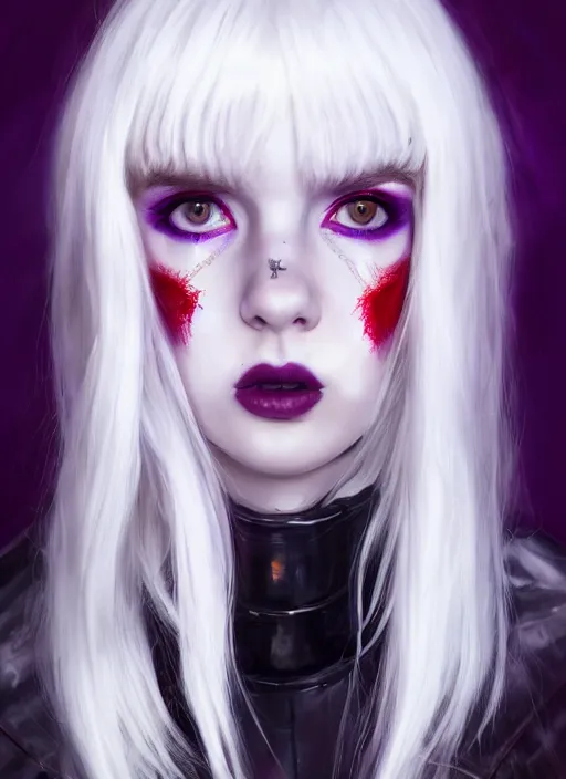 Image similar to portrait of white teenage girl, normal face, white bangs, mall goth, cyberlox, black and white hair, bangs, fluffy bangs, red contact lenses, purple lipstick, intricate, elegant, highly detailed, digital painting, artstation, concept art, sharp focus, smooth, illustration, art by wlop, mars ravelo and greg rutkowski