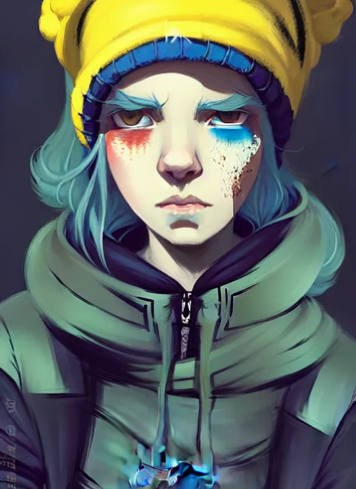 Image similar to highly detailed portrait of a sewer punk lady student, blue eyes, tartan hoody, hat, white hair by atey ghailan, by greg rutkowski, by greg tocchini, by james gilleard, by joe fenton, by kaethe butcher, gradient yellow, black, brown and cyan color scheme, grunge aesthetic!!! ( ( graffiti tag wall background ) )