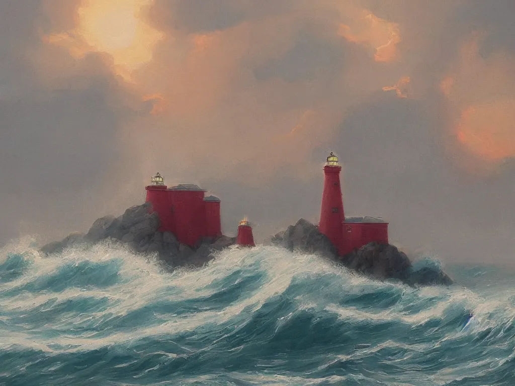 Image similar to a beautiful painting of waves crashing into red lighthouses, isometric, warwick goble, trending on artstation